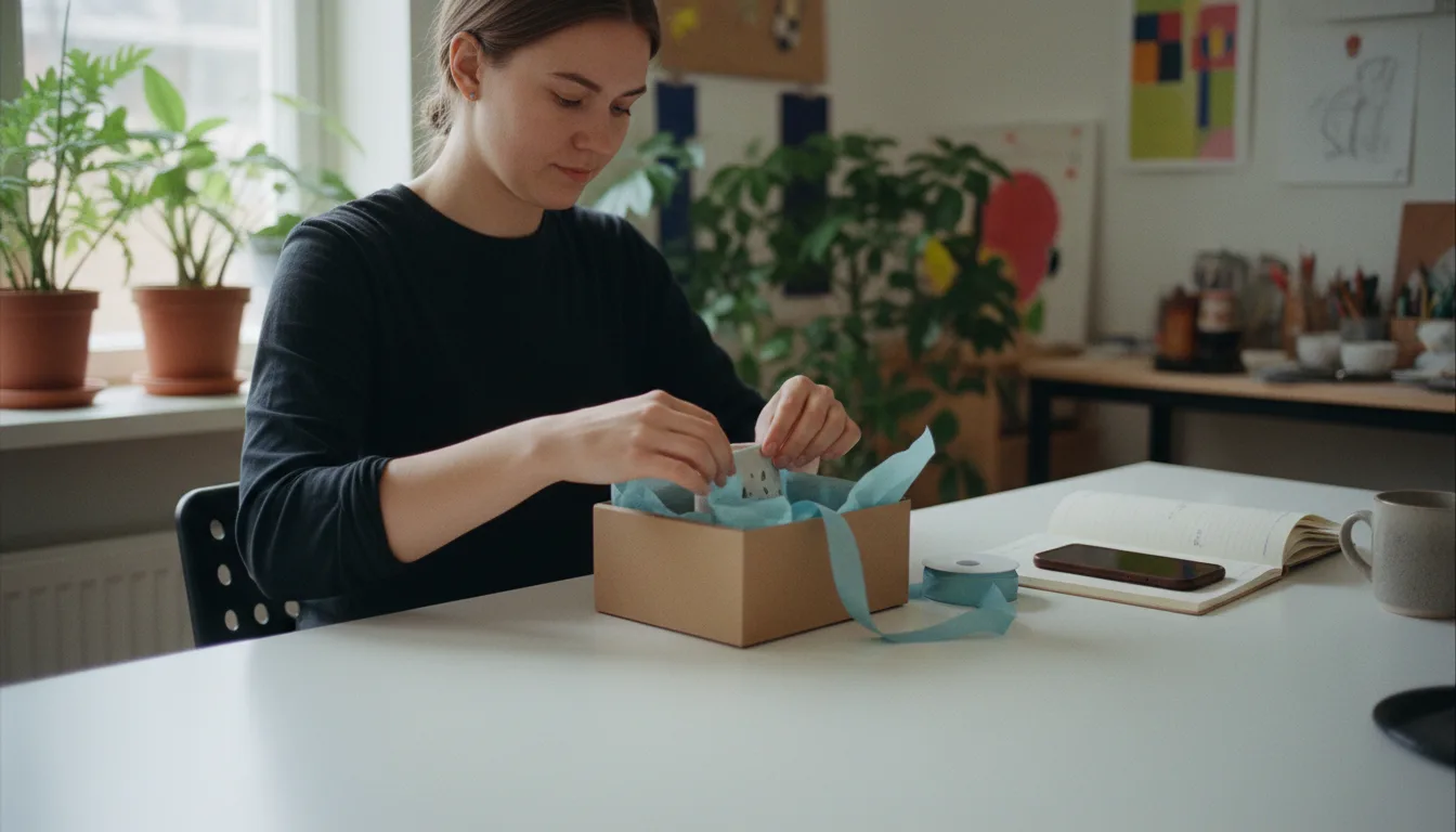 Pieni käsityöläisyritys, yrittäjä pakkaa tilausta valoisassa työhuoneessa, pöydällä puhelin ja muistikirja