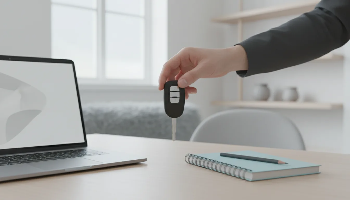 Auton avain ojennetaan kannettavan viereen: oma auto vai yrityksen auto