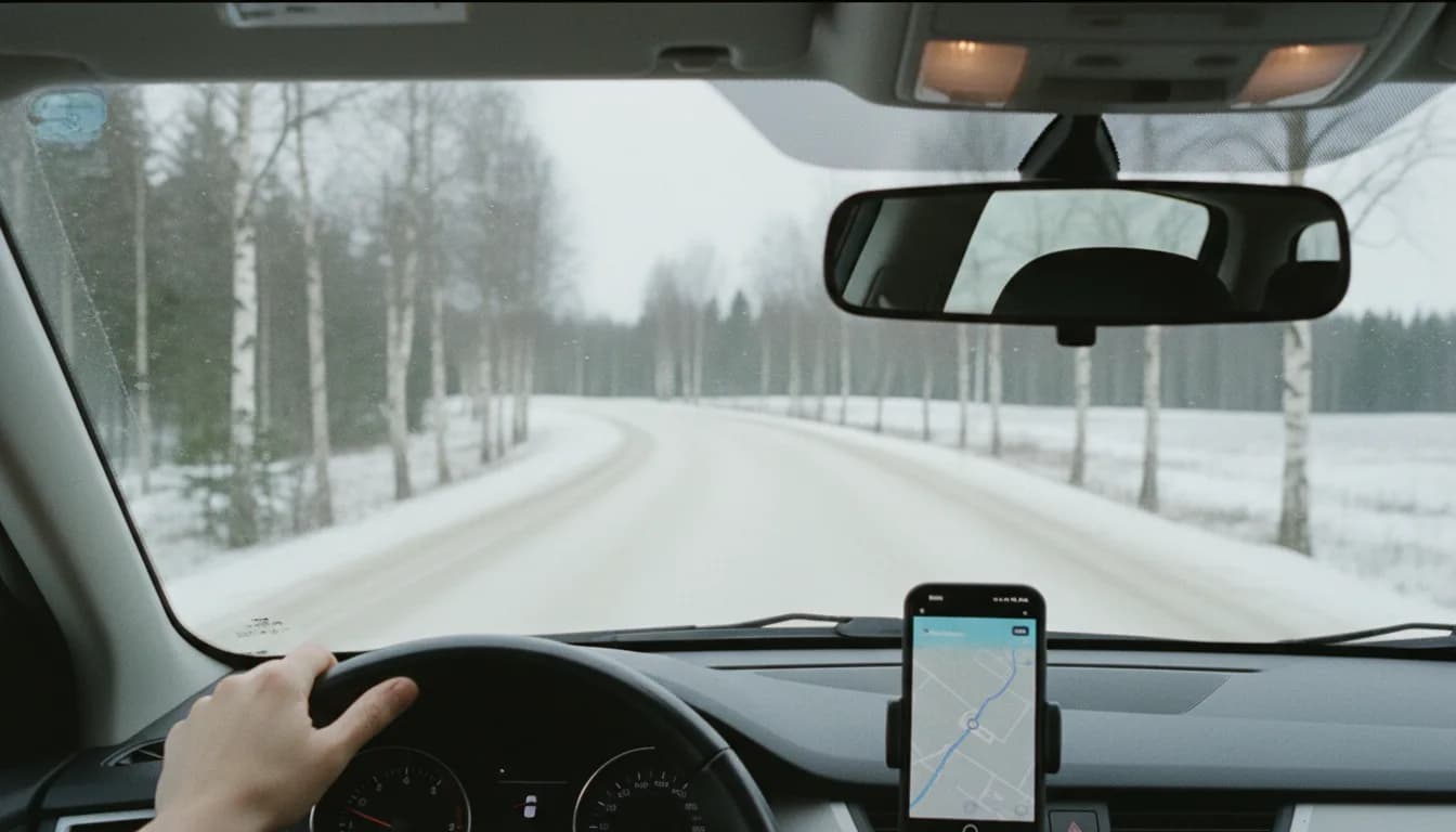 Auton ratti ja kojelauta, puhelin telineessä näyttää ajopäiväkirjan reittiä, ulkona vaalea suomalainen maisema