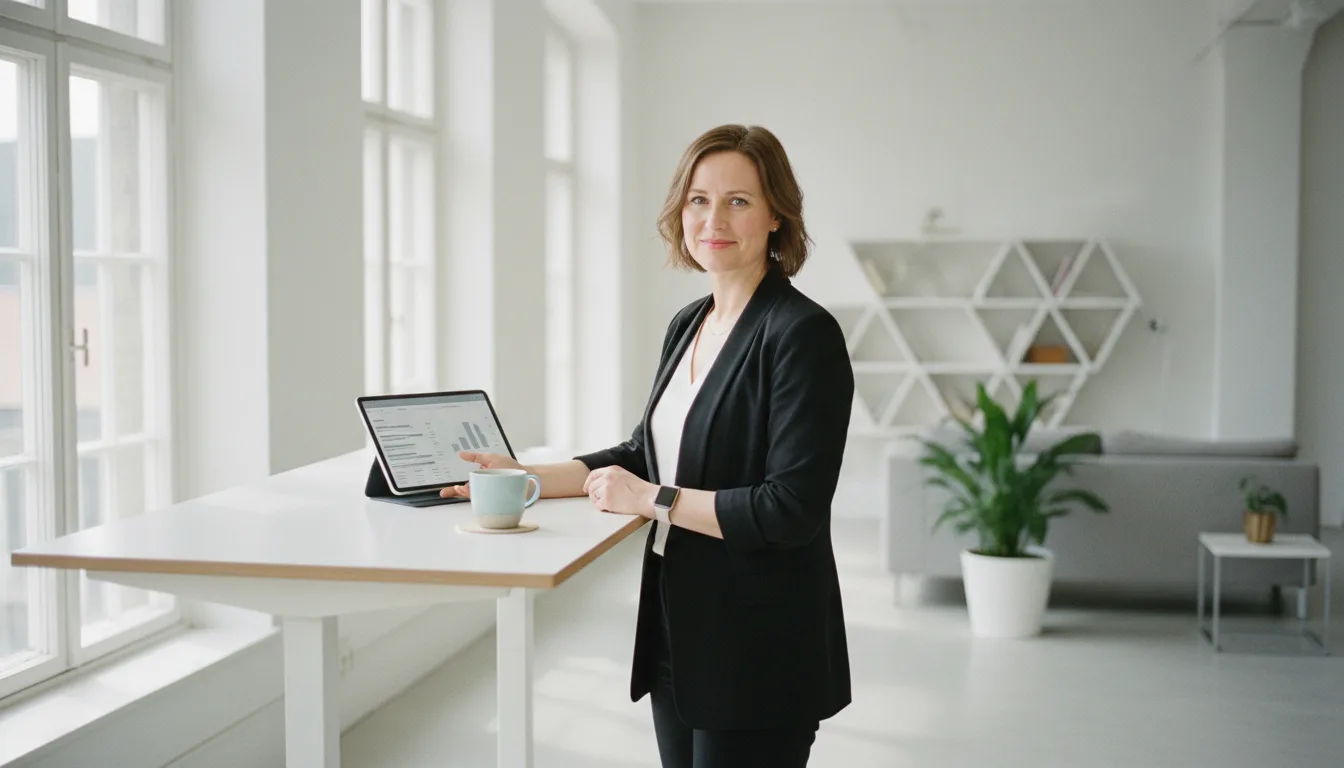Pienen osakeyhtiön omistaja työpöydän ääressä, edessä tabletilla tuloslaskelma ja vieressä kahvikuppi