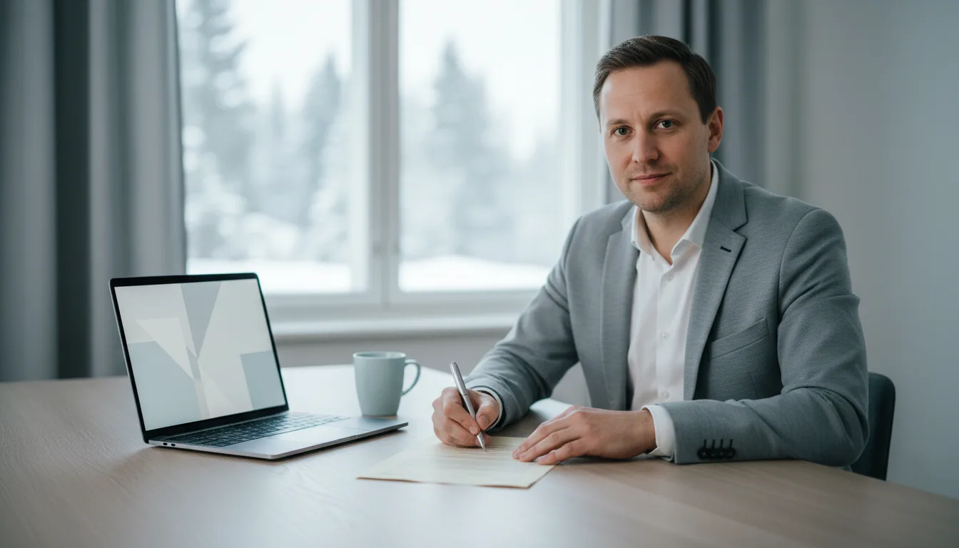 Perustaja allekirjoittaa asiakirjaa työpöydän ääressä, osakeyhtiön perustaminen