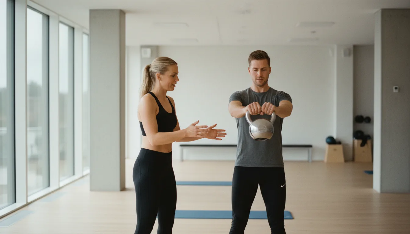 Personal trainer ohjaa asiakasta kahvakuulaharjoituksessa valoisalla salilla