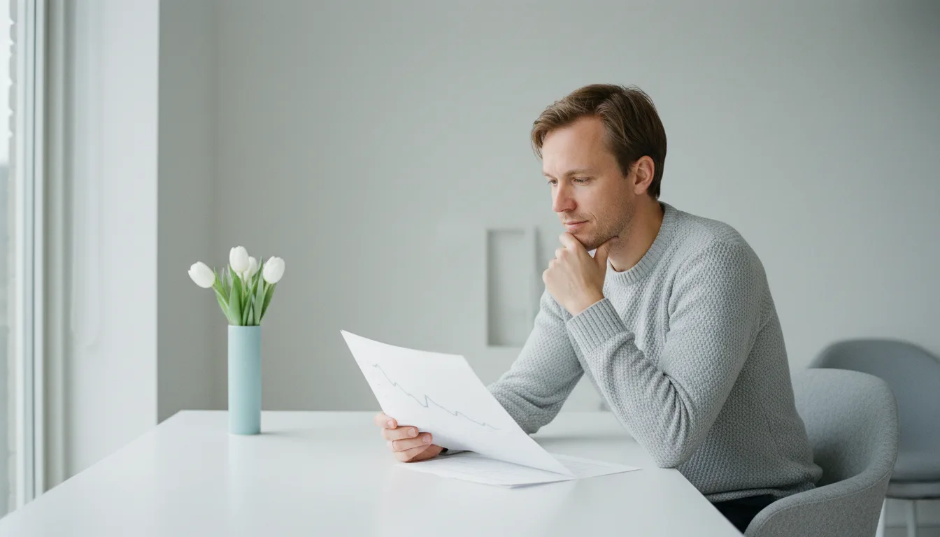 Yrittäjä lukee raporttia mietteliäänä työpöydän ääressä, tappiollinen tilikausi