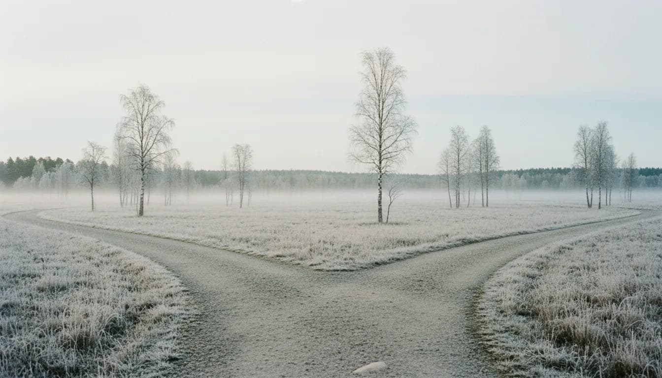 Kaksi tietä haarautuu vaalealla pohjoismaisella maisemalla, symboloi valintaa toiminimen ja osakeyhtiön välillä