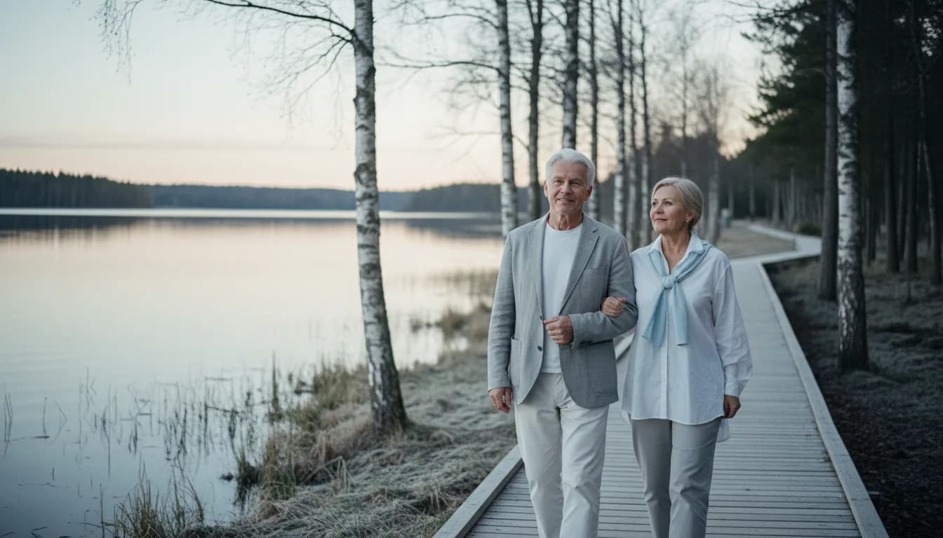 Eläkeikäinen pariskunta kävelee järven rannan laiturilla iltavalossa, yrittäjän eläke