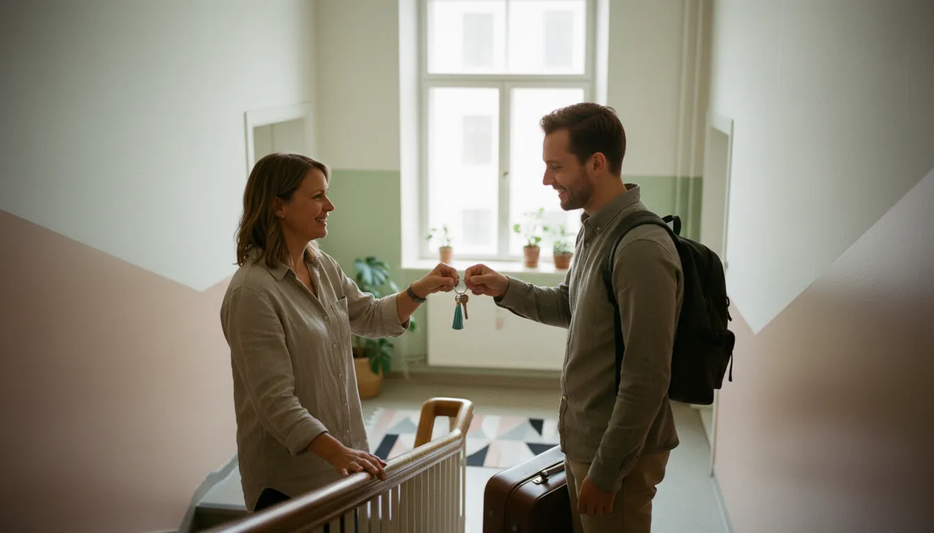 Vuokranantaja ojentaa avaimet matkalaukkua kantavalle vieraalle kerrostalon rappukäytävässä, Airbnb-vuokrauksen verotus
