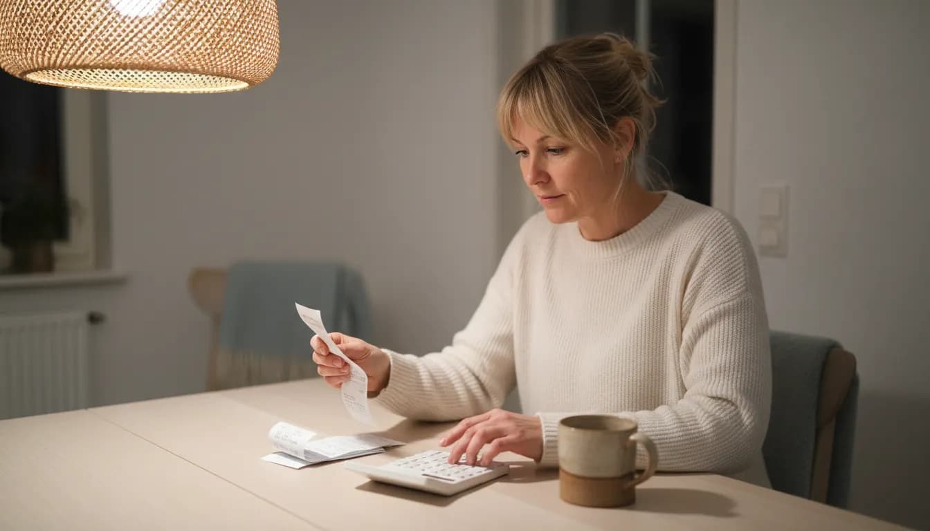 Yrittäjä laskee kuitin summia laskimella keittiön pöydän ääressä, ALV laskeminen käsin