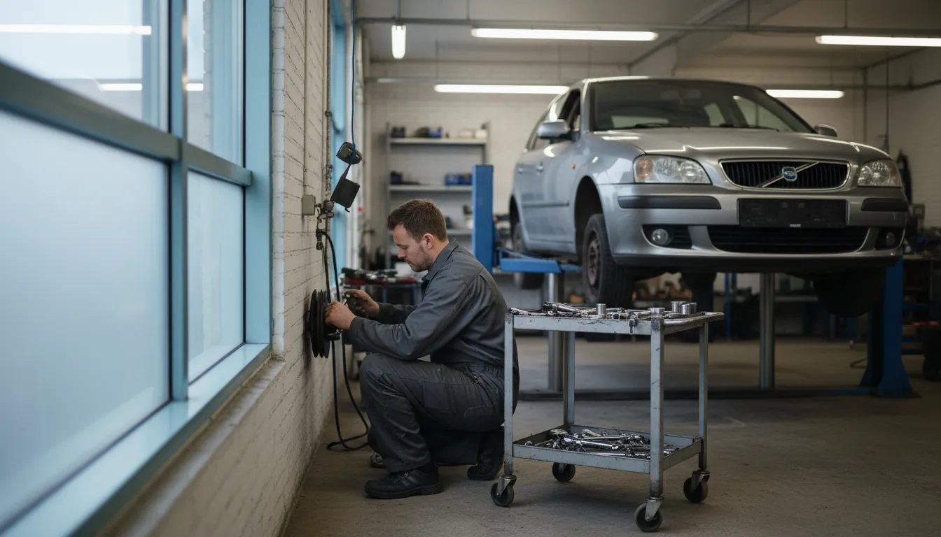 Mekaanikko vaihtaa jarrupaloja nostimella olevaan autoon korjaamon hallissa, autokorjaamon kirjanpito