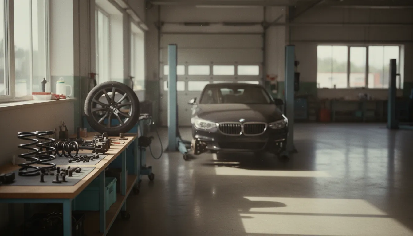 Puoliksi purettu auto odottaa varaosia korjaamon hallissa, keskeneräinen työ autokorjaamon kirjanpidossa