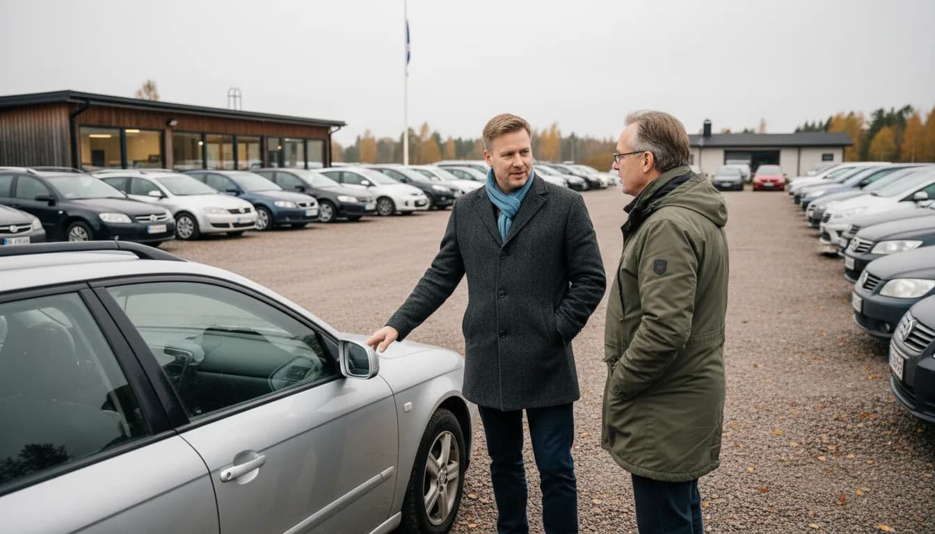 Autokauppias ja asiakas keskustelevat käytetyn auton vieressä autoliikkeen pihalla, autoliikkeen kirjanpito