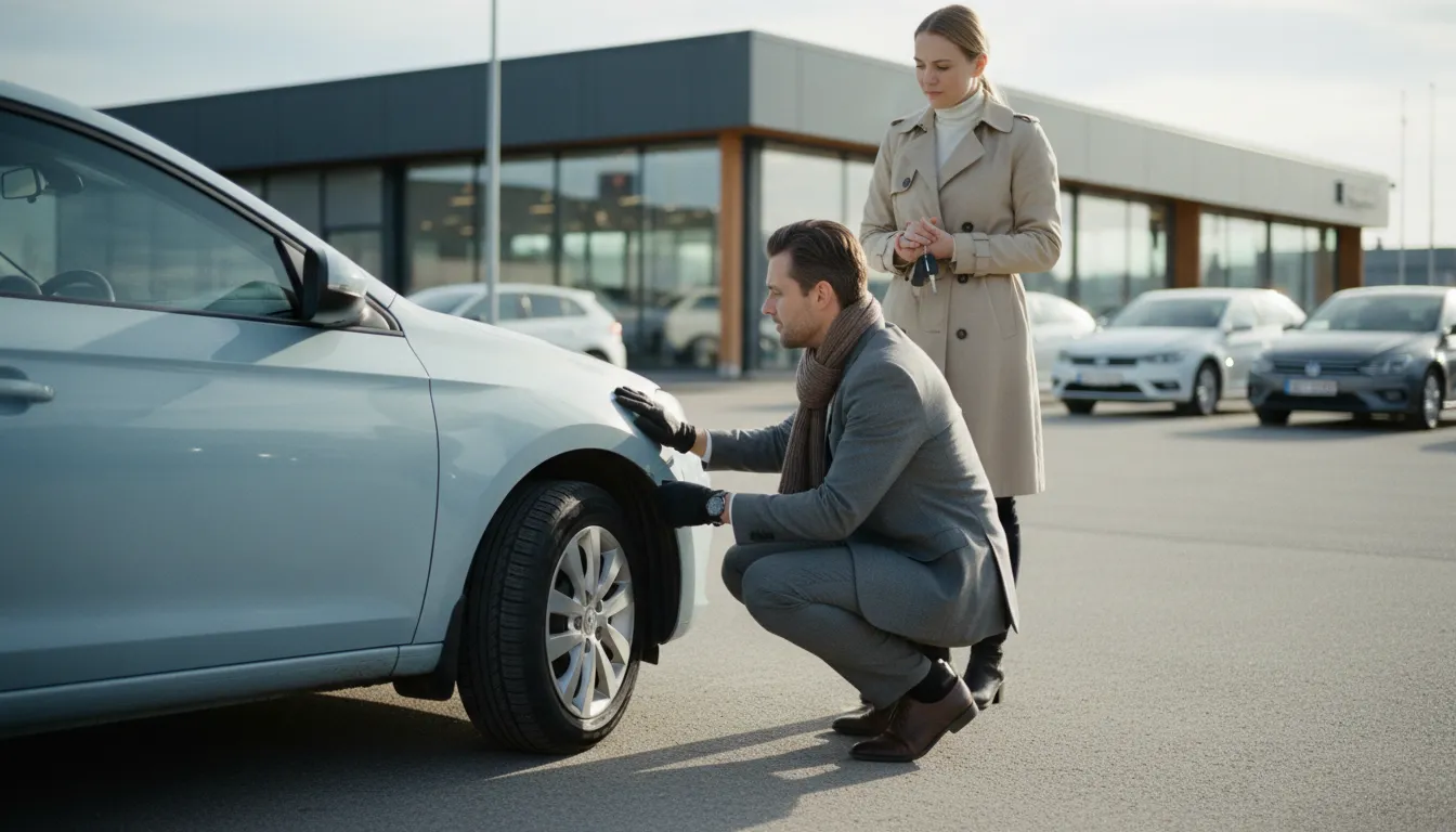 Autokauppias tarkastaa vaihtoautoksi tuodun auton renkaita ja koria liikkeen pihalla, vaihtoauton kirjaus autoliikkeen kirjanpidossa