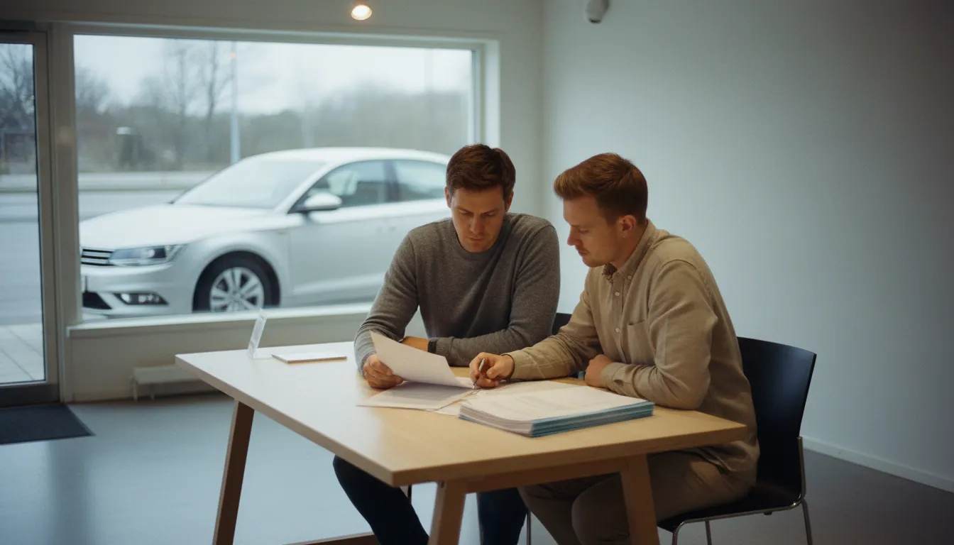 Asiakas ja autokauppias käyvät läpi rahoitussopimuksen paperit autoliikkeen myyntipöydän ääressä, rahoitusprovisio autoliikkeen kirjanpidossa