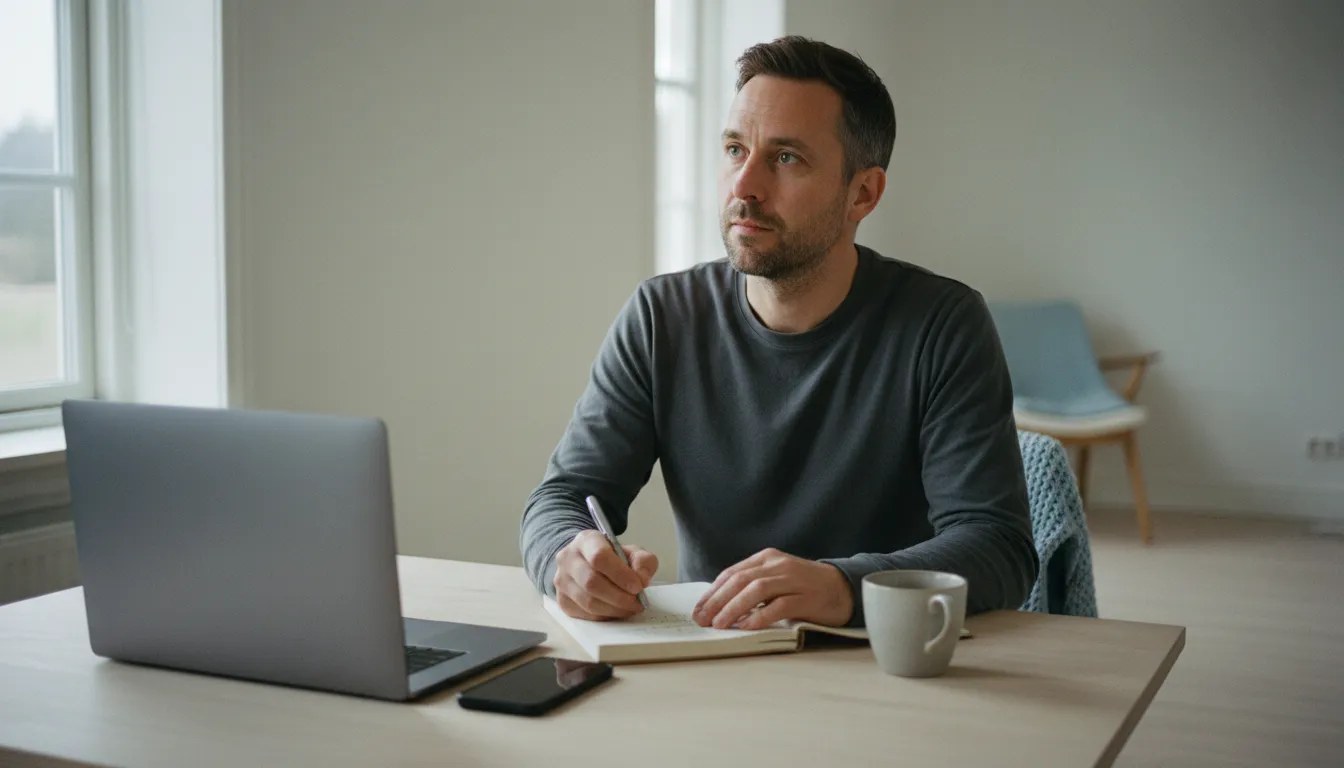 Freelancer vertailee kahta vaihtoehtoa muistilehtiöön kirjoittaen työpöydän ääressä, Eezy vai Truster