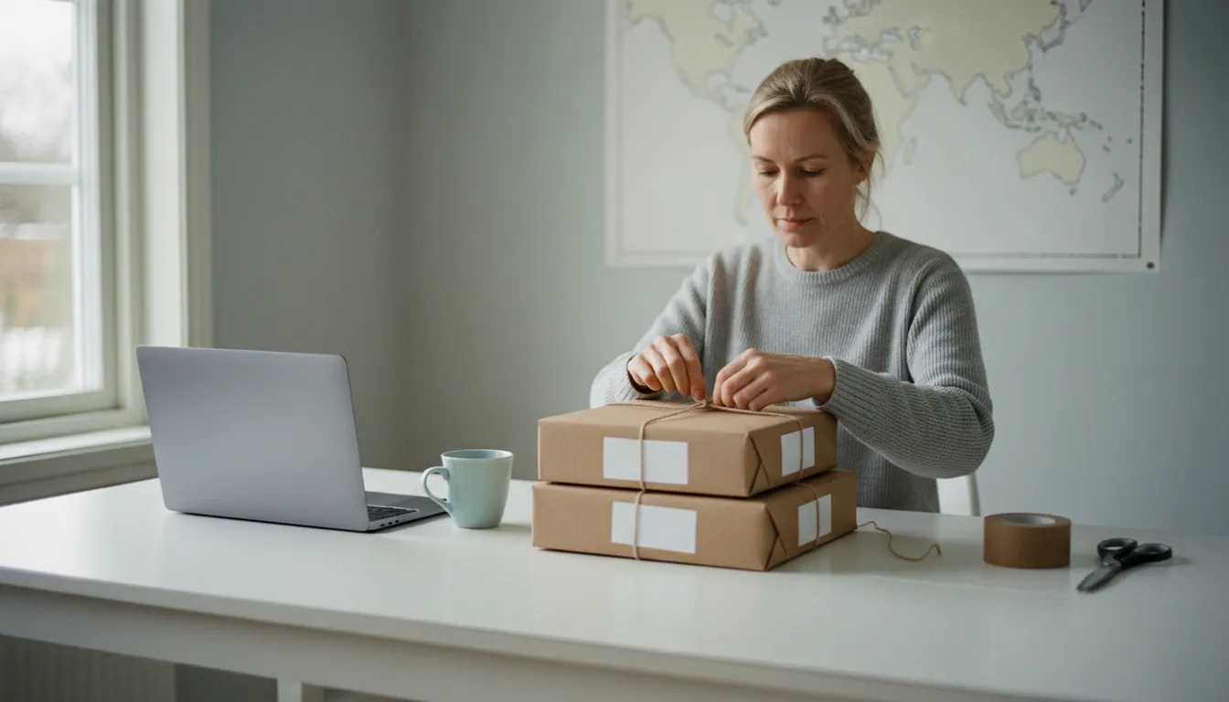 Yrittäjä valmistelee ulkomaille lähteviä pahvipaketteja valoisassa kotitoimistossa, seinällä epäterävä kartta