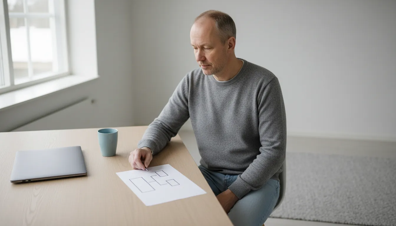 Yrittäjä katsoo pöydällä olevaa paperia, johon on piirretty kolme toisiinsa yhdistettyä laatikkoa