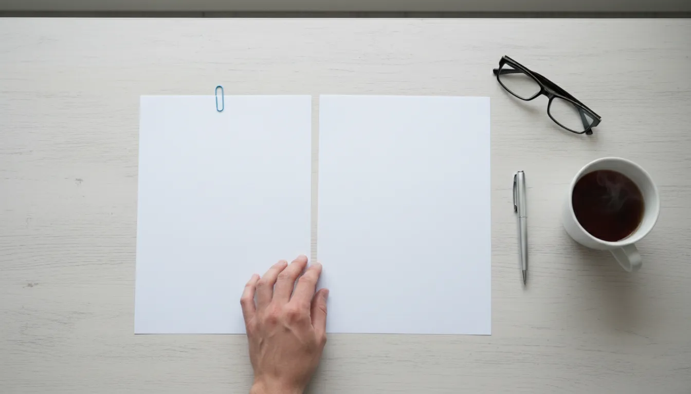 Kaksi tyhjää paperiarkkia vierekkäin puupöydällä, toisessa sininen paperiliitin, käsi asettelee arkkia