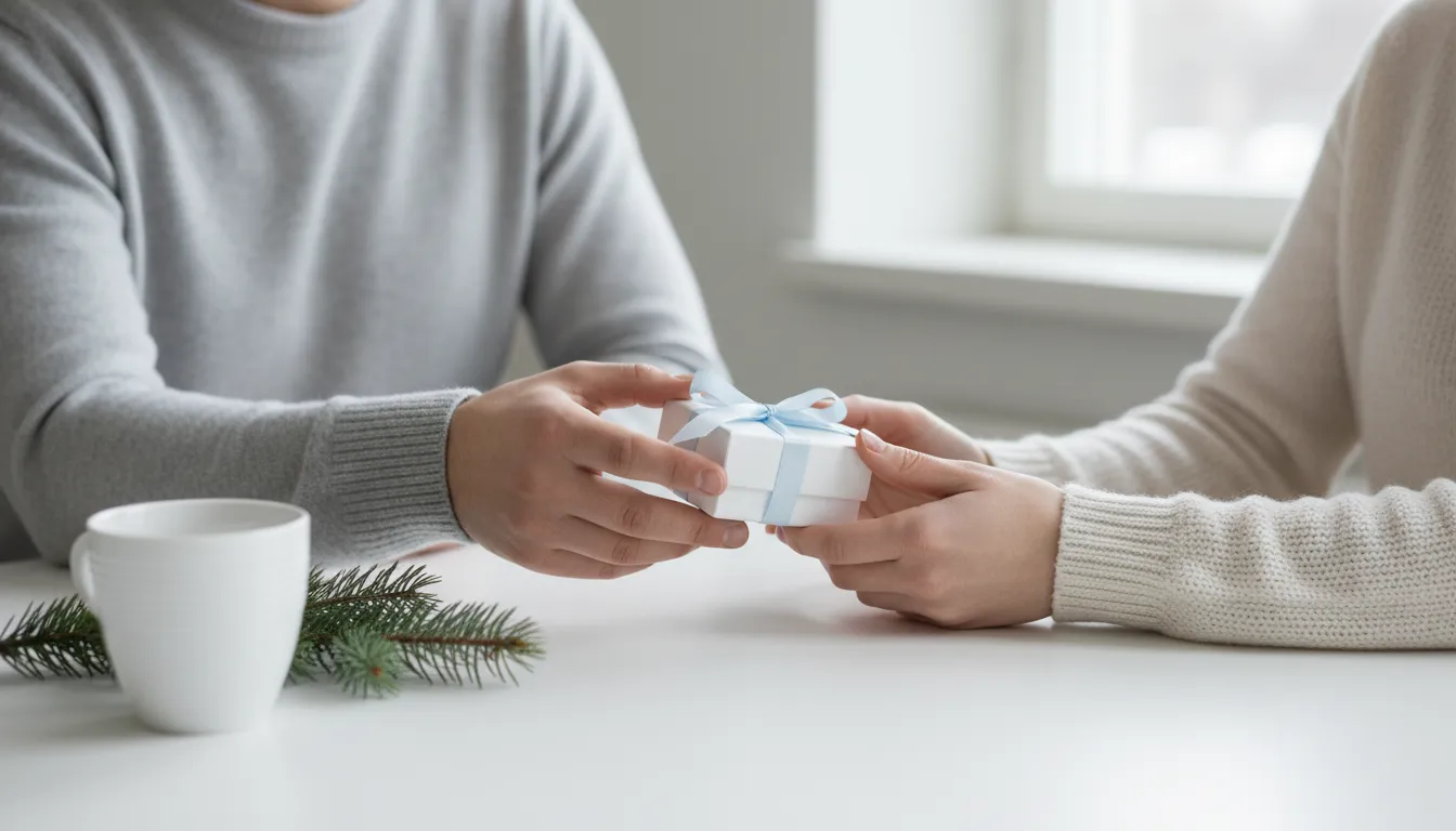 Kaksi henkilöä ojentaa vaaleansinisellä nauhalla sidottua lahjarasiaa valkoisen pöydän yli, vieressä kahvikuppi ja kuusenoksa