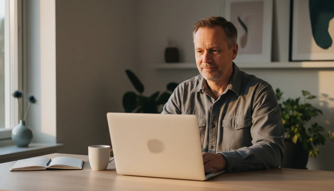 Yrittäjä ja kirjanpitäjä videopuhelussa, yrittäjä istuu työpöydän ääressä kannettavan kanssa, kahdenkertaisen kirjanpidon läpikäynti