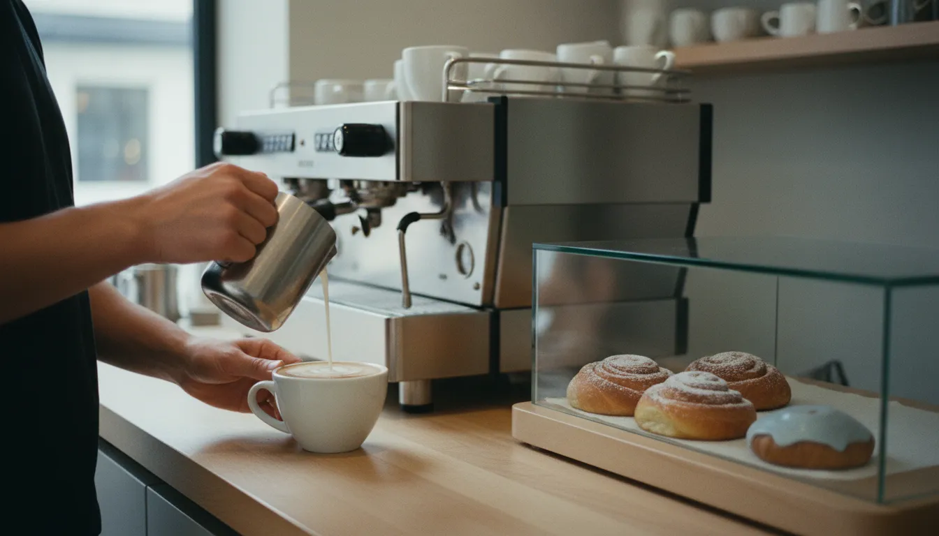 Barista kaataa maitovaahtoa cappuccinokuppiin espressokeittimen vieressä, vitriinissä korvapuusteja