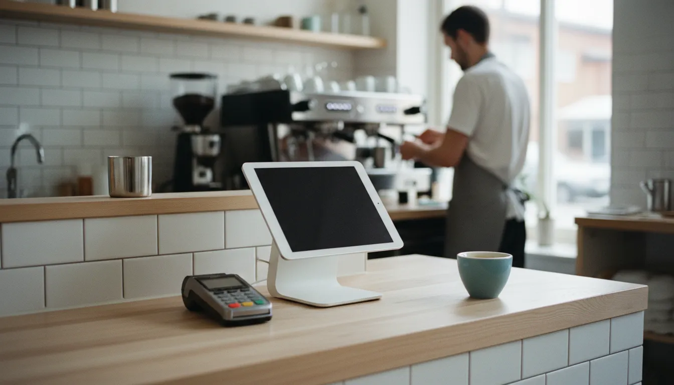 Kahvilan tiskillä tablettikassa telineessä ja korttimaksupääte, taustalla barista espressokoneen ääressä