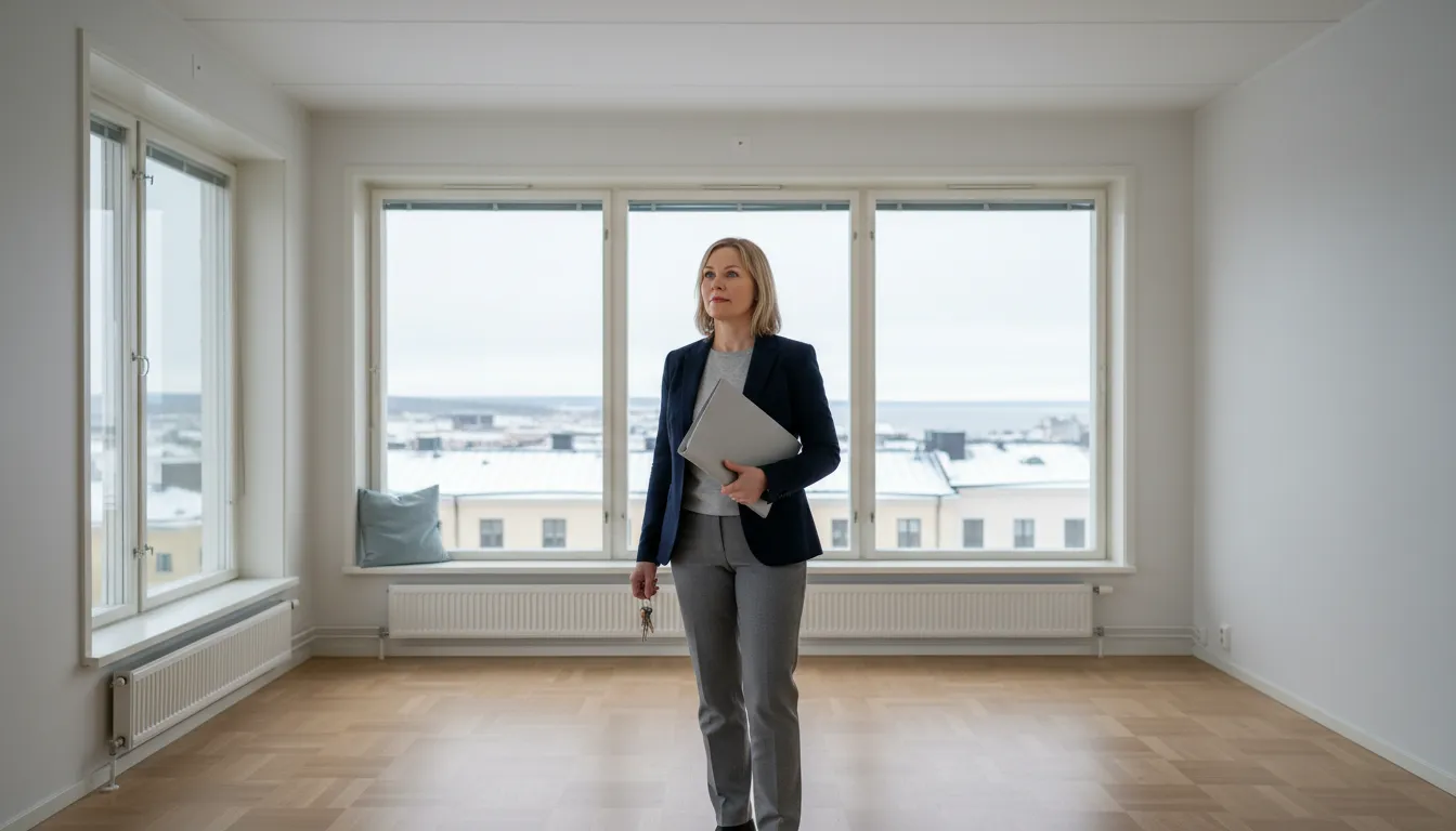 Kiinteistönvälittäjä seisoo kansio ja avaimet kädessä tyhjässä valoisassa kerrostaloasunnossa ennen esittelyä