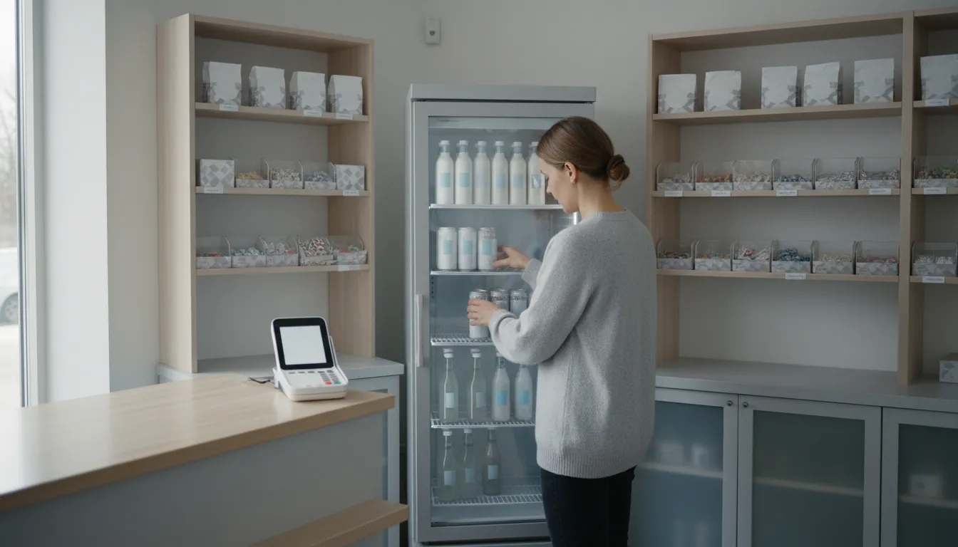 Kioskiyrittäjä täyttää juomakaappia aamulla pienessä siistissä kioskissa ennen avaamista
