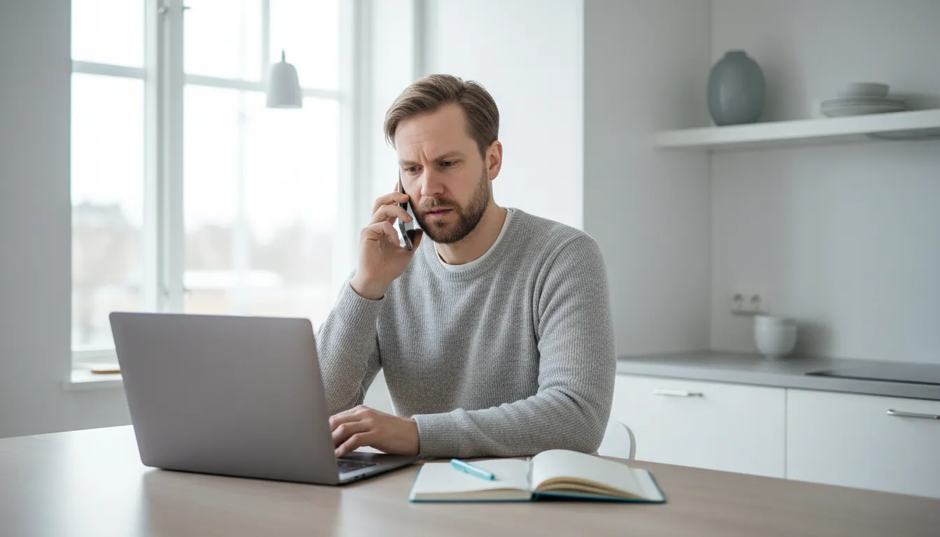 Yrittäjä puhuu puhelimessa keittiön pöydän ääressä muistivihko ja kannettava edessään