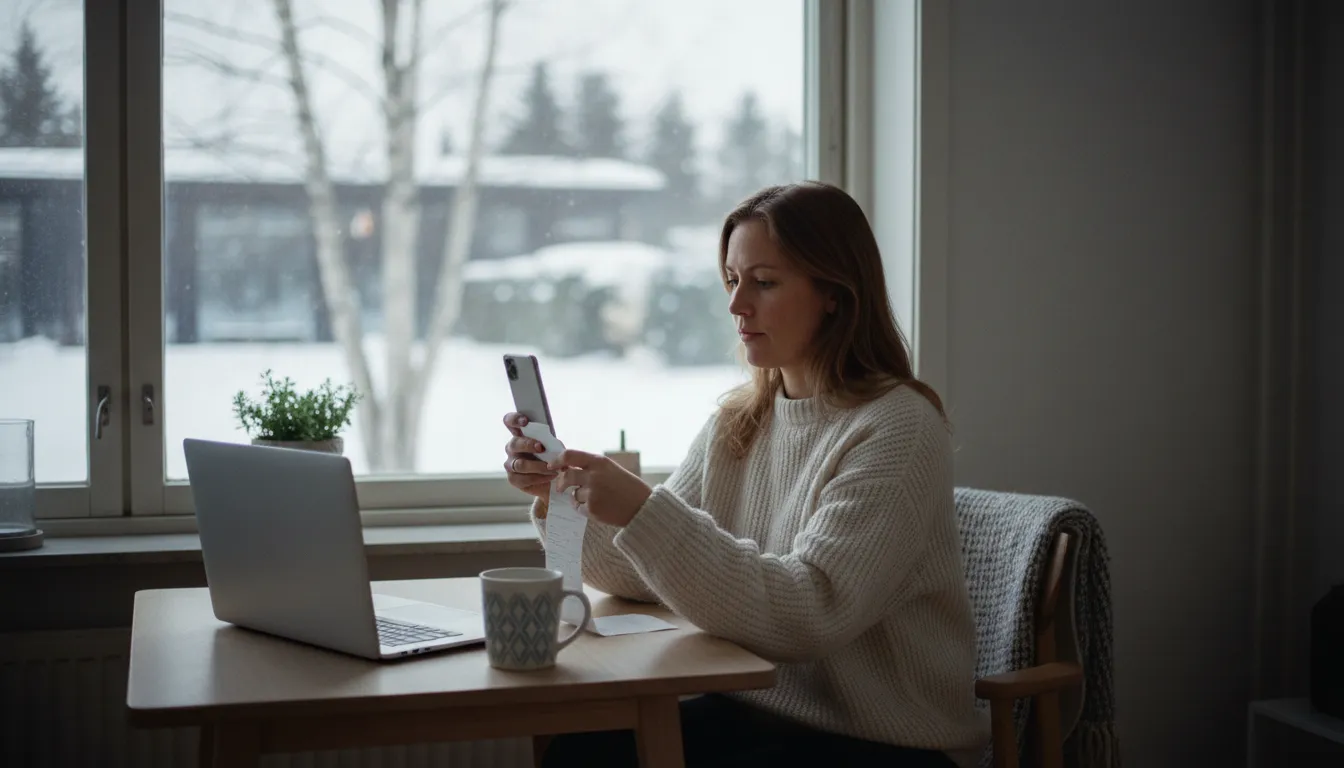 Suomeen muuttanut yrittäjä kuvaa kuittia puhelimella pienessä kotitoimistossa ikkunan vieressä, kirjanpito englanniksi arjessa