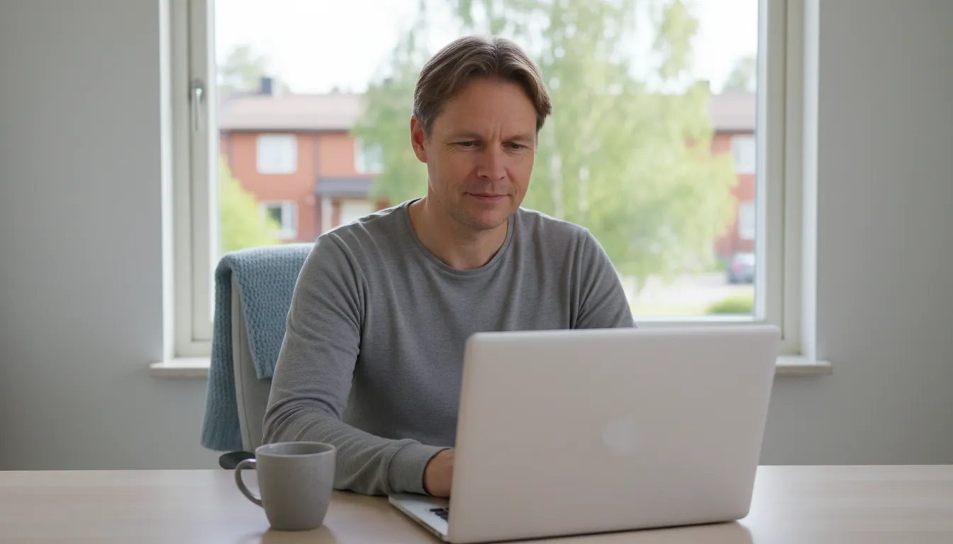 IT-konsultti työskentelee kannettavalla kotitoimistossa rivitalossa lähiön vehreässä maisemassa, kirjanpito Espoo