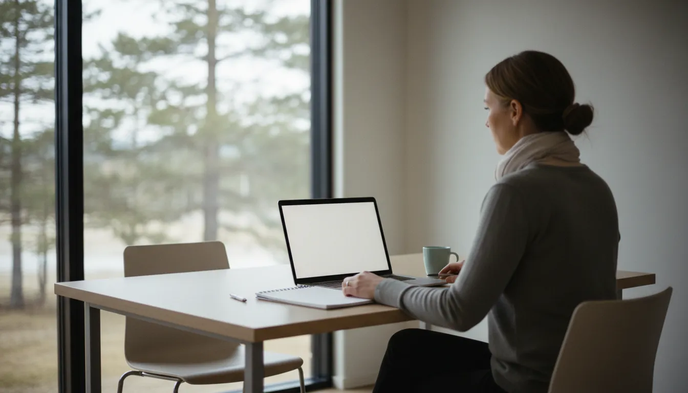 Konsultti videopuhelussa kirjanpitäjän kanssa toimistohotellin hiljaisessa huoneessa, tilitoimisto Espoo