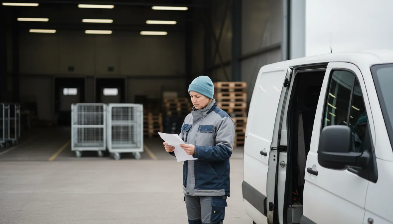 Kuljetusyrittäjä tarkistaa rahtikirjaa pakettiauton vieressä logistiikkakeskuksen lastauslaiturilla, kirjanpitäjä Hämeenlinna