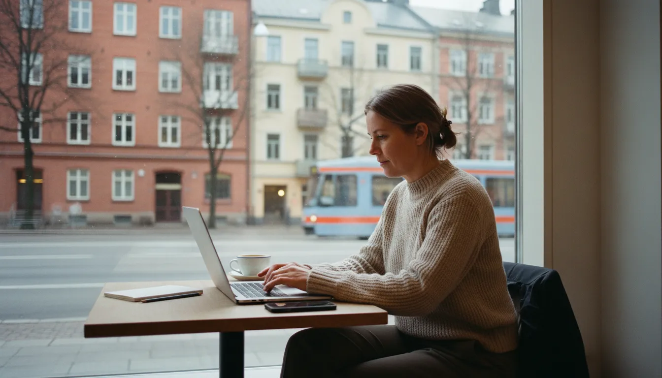 Yksinyrittäjä kannettavan ääressä kahvilan ikkunapöydässä kaupungin kadun varrella, kirjanpito Helsinki