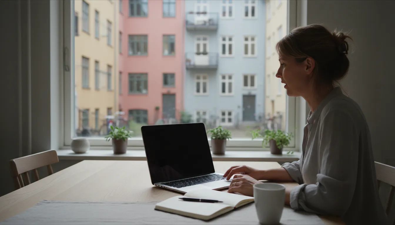 Yrittäjä videopuhelussa kirjanpitäjänsä kanssa kotitoimistossa, jonka ikkunasta näkyy kerrostalojen pihaa, tilitoimisto Helsinki