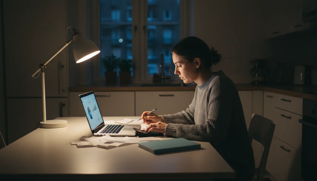 Yrittäjä istuu iltamyöhällä keittiön pöydän ääressä kuittipinon ja kannettavan kanssa