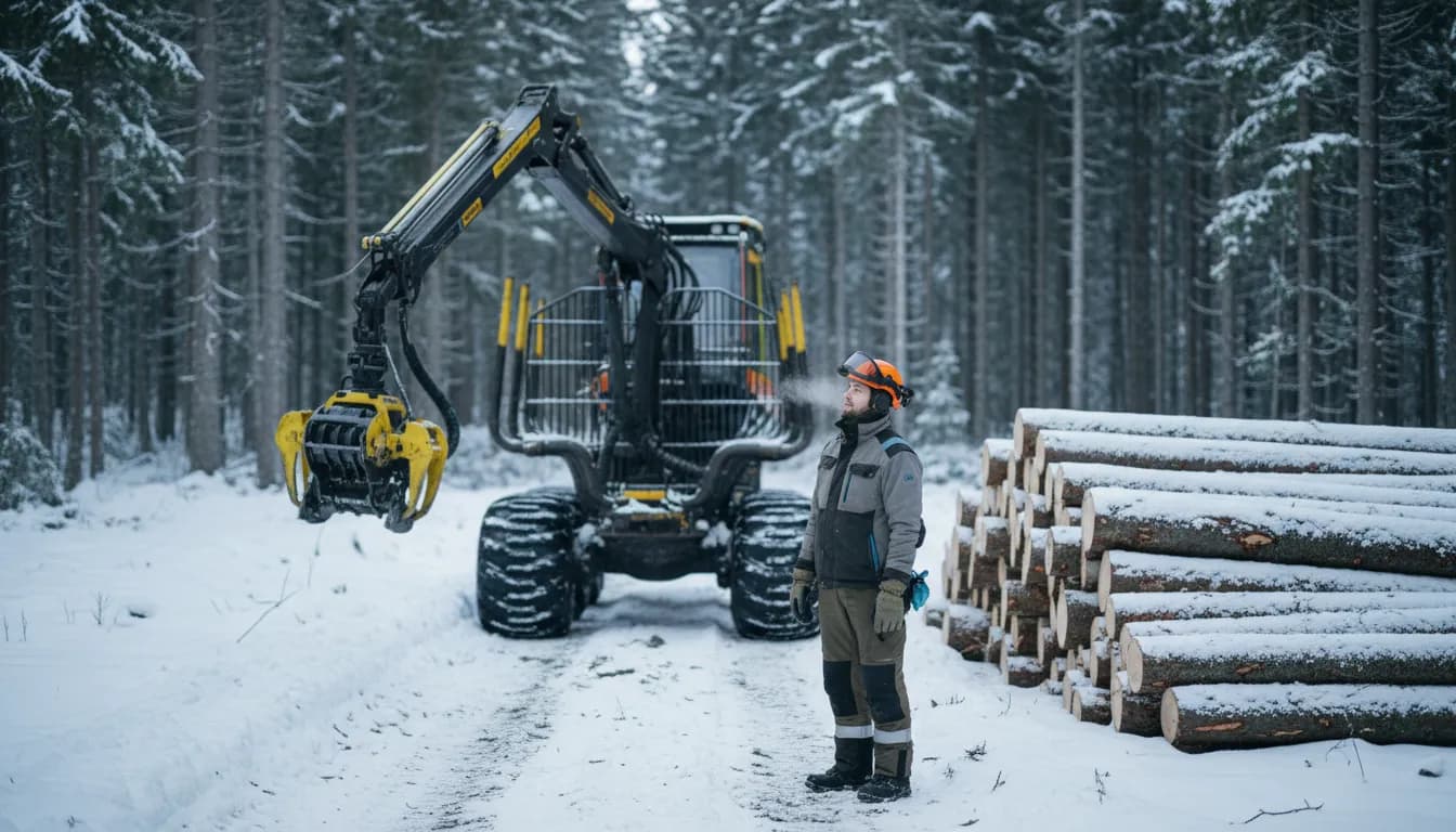 Metsäkoneenkuljettaja tarkastaa koneensa havumetsän reunassa talviaamuna, kirjanpito Joensuu