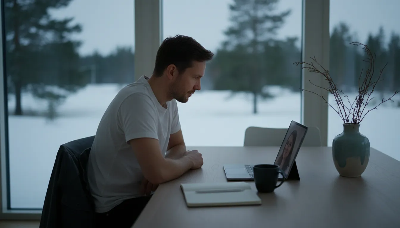 Yrittäjä käy videopuhelua kirjanpitäjänsä kanssa keittiönpöydän ääressä omakotitalossa illalla, tilitoimisto Joensuu