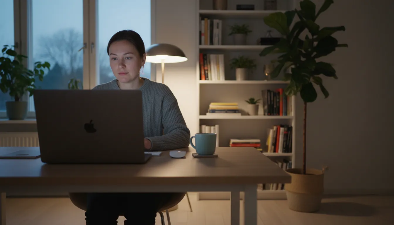 Konsultti käy videopuhelun kirjanpitäjänsä kanssa kotityöpisteessä kerrostaloasunnossa, tilitoimisto Jyväskylä