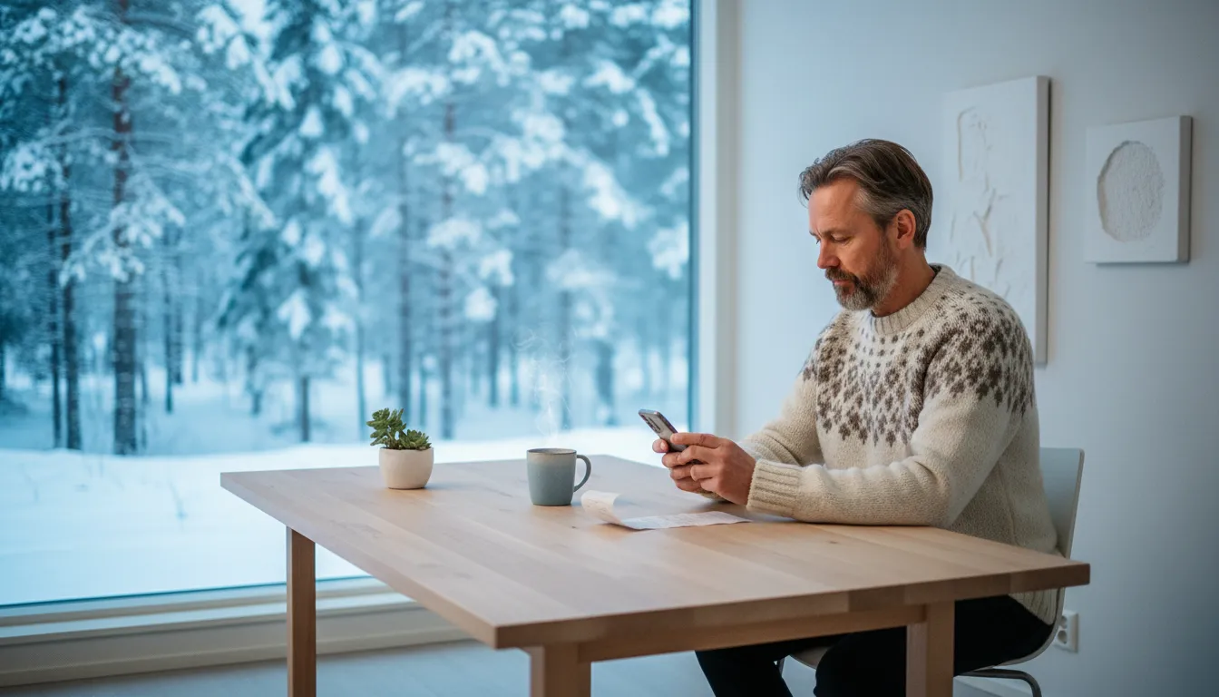 Yrittäjä kuvaa kuittia puhelimellaan puupöydän ääressä, ikkunasta näkyy luminen kuusimetsä, kirjanpito Kajaani
