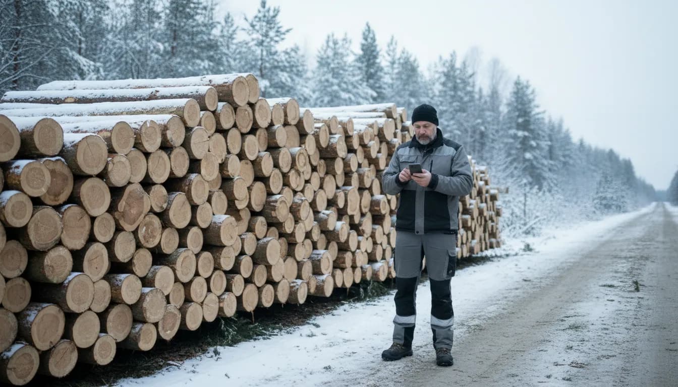 Metsäurakoitsija tarkistaa puhelinta lumisen metsätien varressa tukkipinon vieressä, tilitoimisto Kajaani