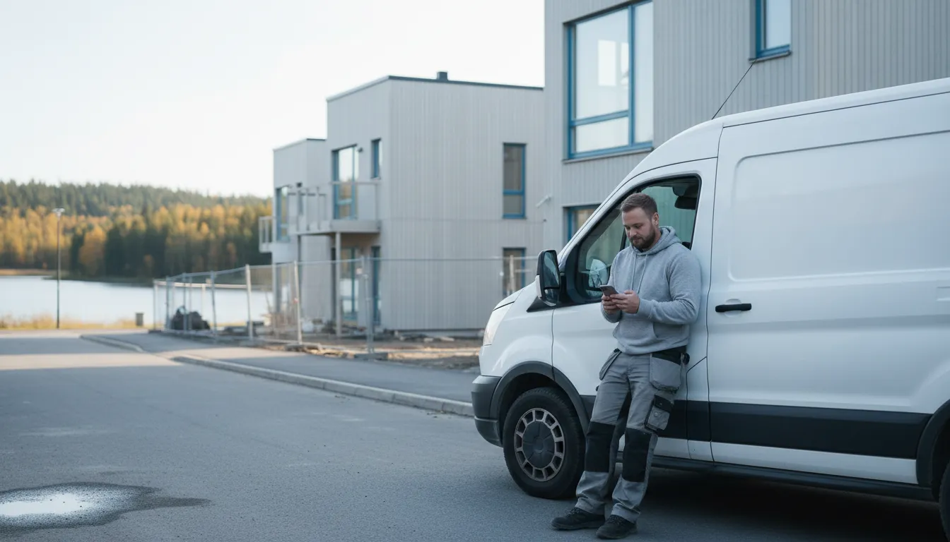 Rakennusyrittäjä työvaatteissa nojaa valkoiseen pakettiautoon uudella asuinalueella järven rannalla ja katsoo puhelinta