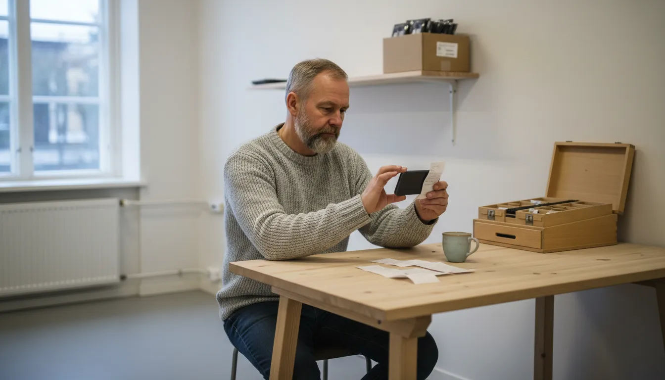 Kauppias istuu takahuoneen pöydän ääressä ja kuvaa paperikuittia puhelimella, vieressä avoin puinen rahalipas