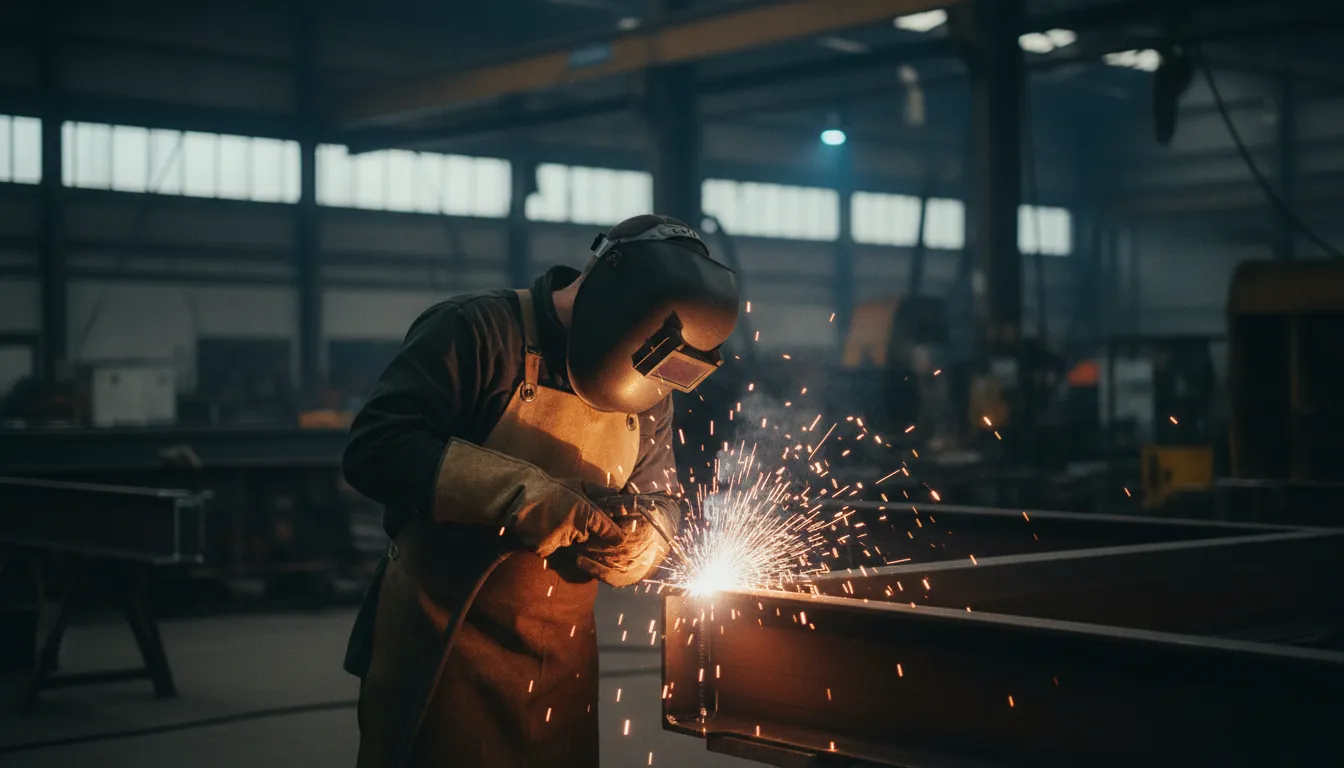Hitsaaja työskentelee metallirakenteen parissa teollisuushallissa kipinöiden lentäessä, tilitoimisto Kokkola