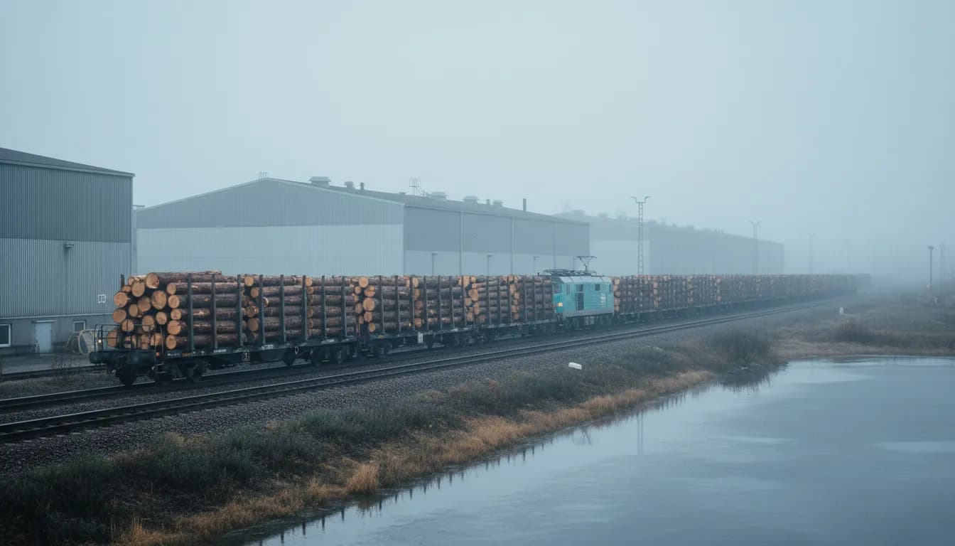 Rahtijuna kulkee ratapihalla aamu-usvassa, taustalla varastohalleja suomalaisessa kaupungissa, kirjanpito Kouvola