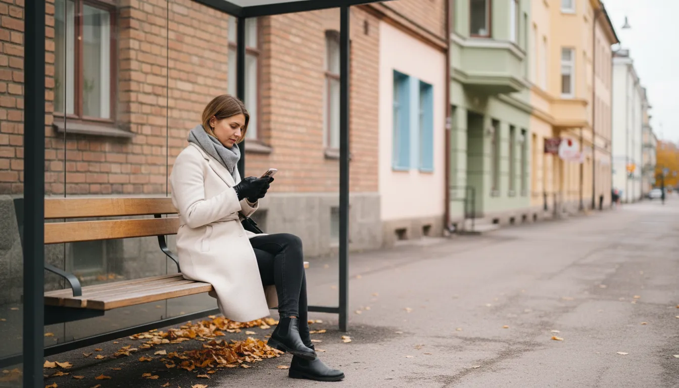 Yrittäjä katsoo puhelimesta yrityksensä tilannetta bussipysäkin penkillä suomalaisen kaupungin kadulla, tilitoimisto Lahti