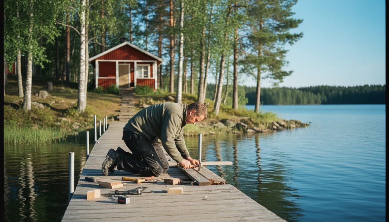Yrittäjä korjaa puista laituria järven rannalla kesämökin edustalla aurinkoisena päivänä, kirjanpito Mikkeli