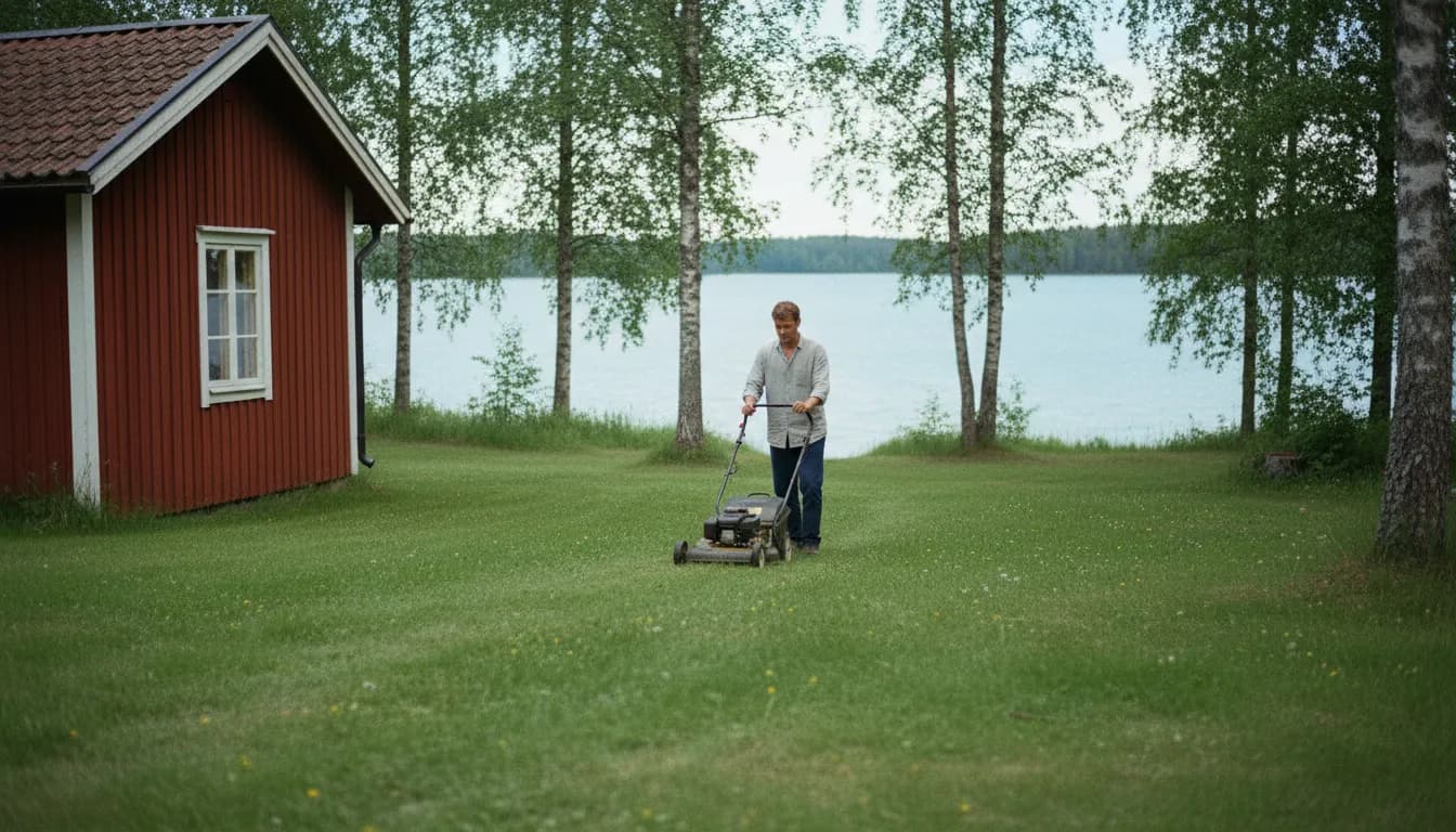 Yrittäjä ajaa ruohonleikkuria mökin pihalla koivujen keskellä järvenrannassa, tilitoimisto Mikkeli