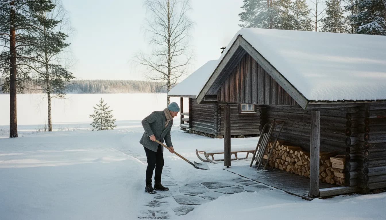 Lumityöt käynnissä talvisella mökkipihalla, yrittäjä lapioi lunta puuliiterin edestä, kirjanpitäjä Mikkeli