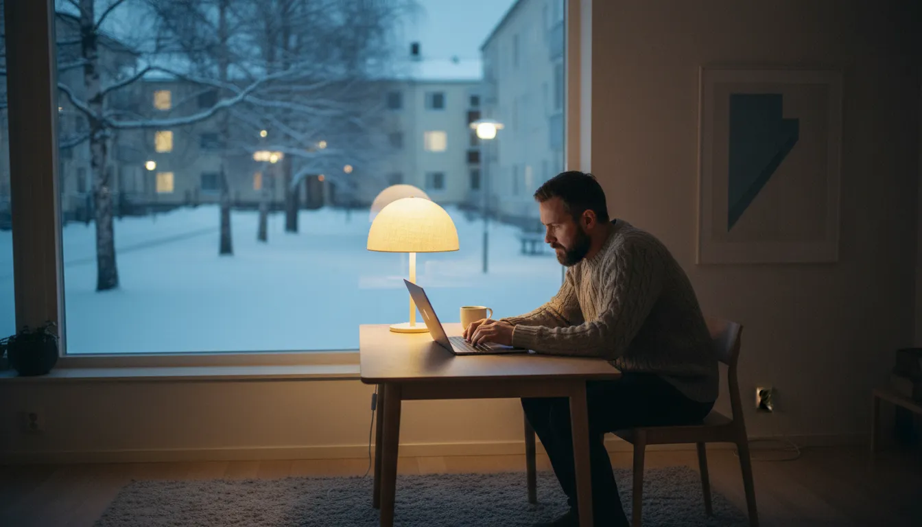 Insinööri työskentelee kannettavalla kotitoimistossa talvisena aamuna, ikkunasta näkyy lumista kerrostalopihaa, kirjanpito Oulu