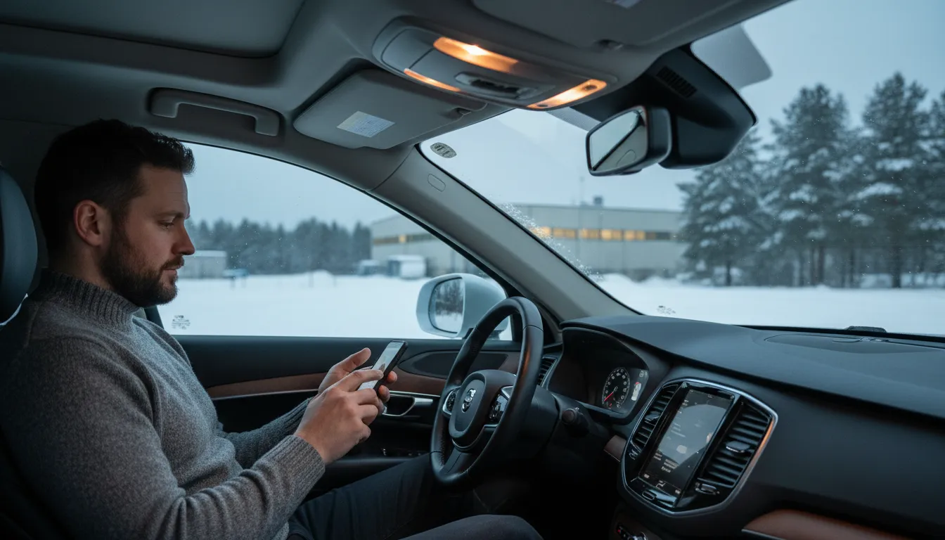 Yrittäjä kirjaa asiakasmatkan puhelimeen autossa talvisella pysäköintialueella, tilitoimisto Oulu