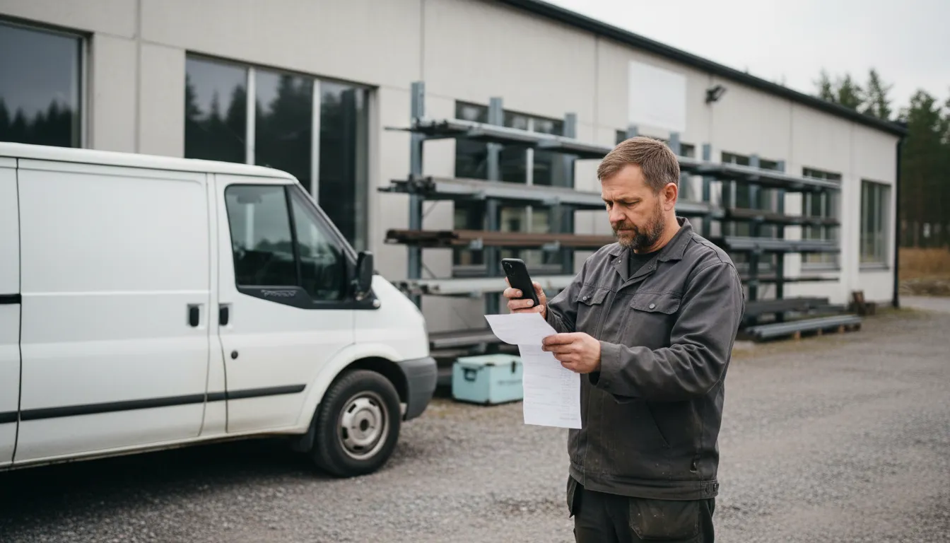Pienen konepajan yrittäjä kuvaa materiaalikuitin puhelimella pakettiauton vieressä pihalla, tilitoimisto Pori